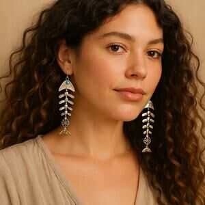 Boho Fishbone Silver-Toned Dangling Earrings NWT
